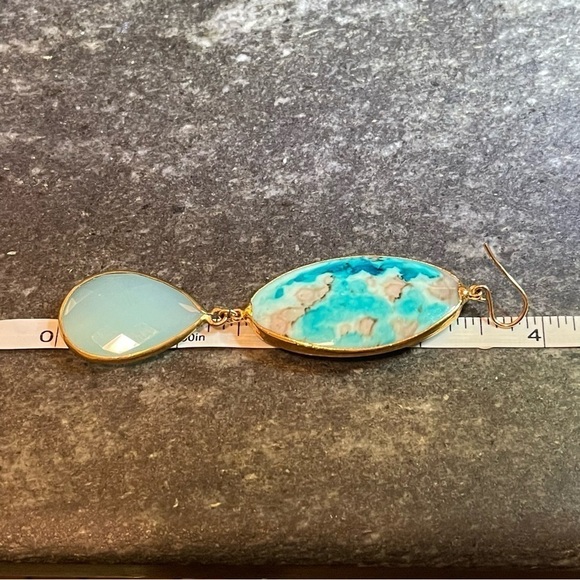 10K Gold Plated Stained Oval Shell Drop Earrings With Sage Glass Teardrop Dangle - Picture 8 of 9